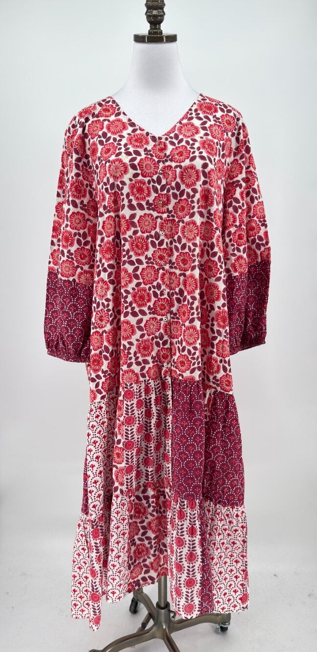Gudrun Sjödén Sona Red Patchwork Print Woven Cotton 3/4 Sleeve Midi Dress Sz XL